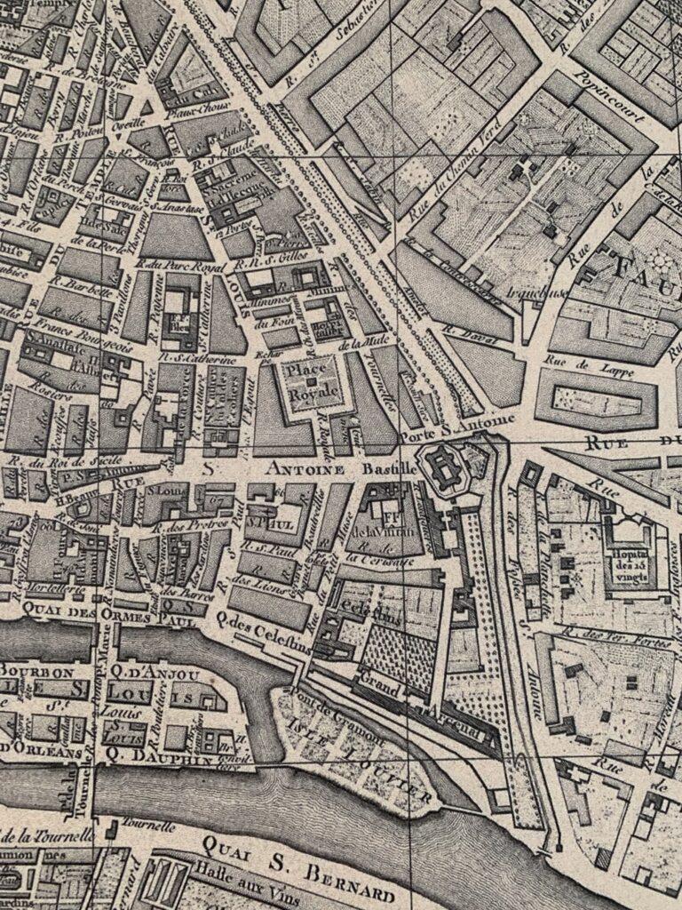 Anciens plans du centre de Paris avec la Bastille, la place des Vosges (place royalle) et le couvent des minimes